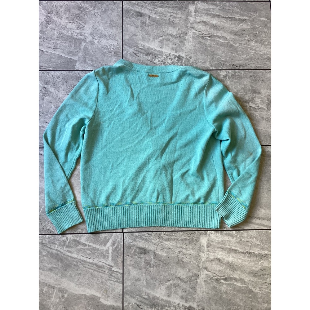 St John Sport Turquoise Wool Blend V-Neck Cardigan Gold Toggle Buttons Sweater - Picture 8 of 12